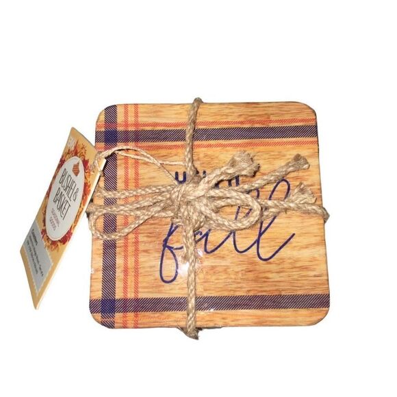 Bushel & Basket Hello Fall Mango‎ Wood Set of 4 Coaster NWT - Picture 1 of 7